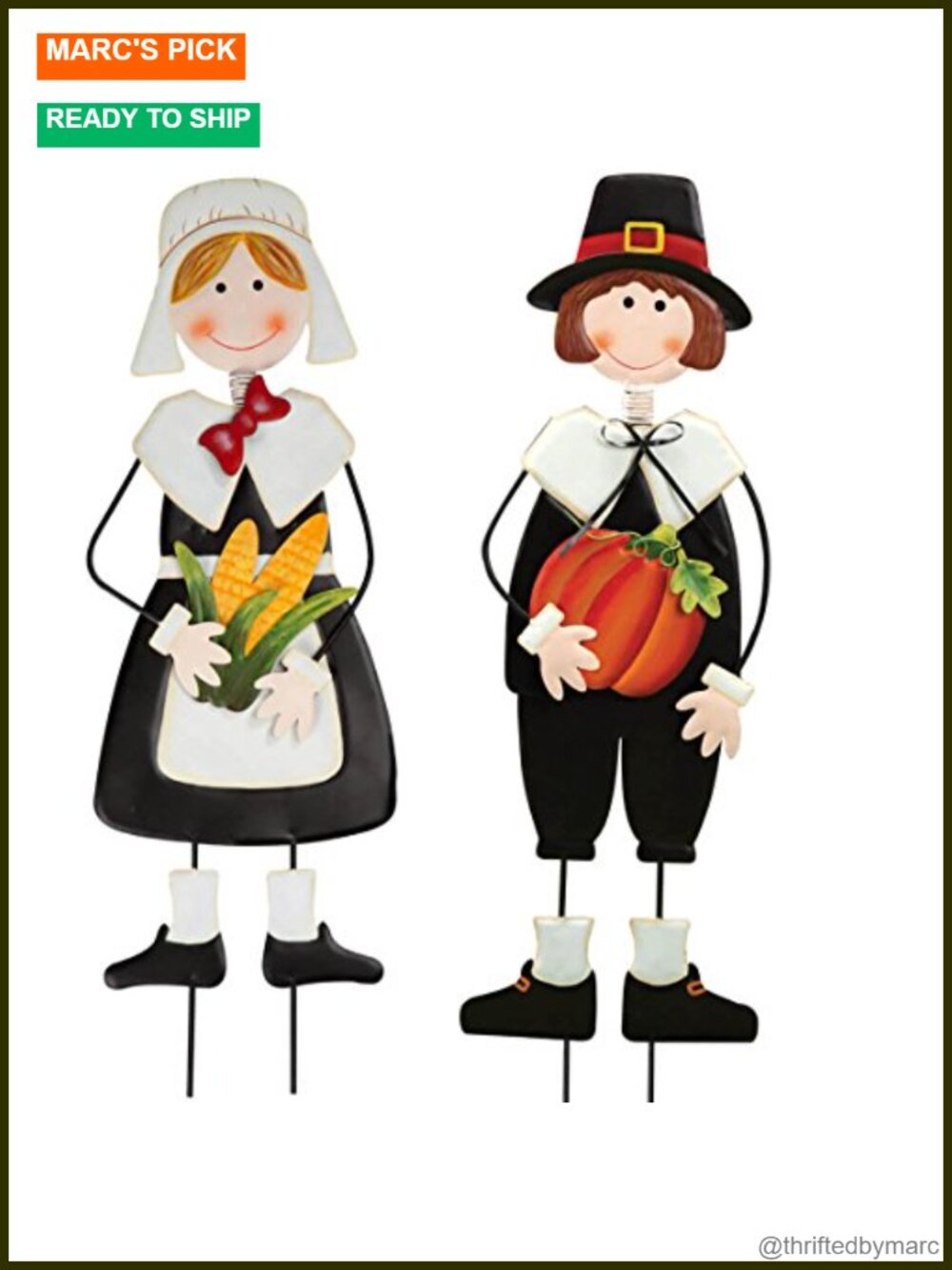 Pilgrim Boy Girl Metal Lawn Stakes Set Thanksgiving Yard Decor 28in